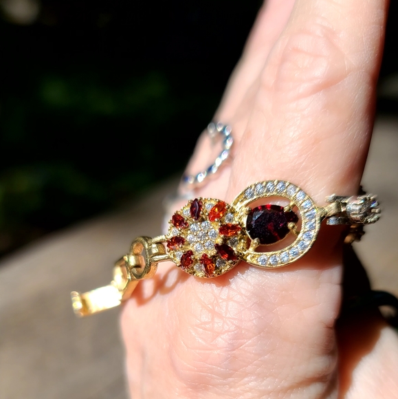 STUNNING ruby, garnet & white Topaz sterling & gold bracelet - Picture 7 of 9